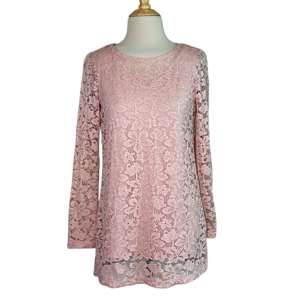 SUSAN GRAVER XS Pale Pink 2 Piece Set Liquid Knit Tank Lace Long Sleeve Tunic